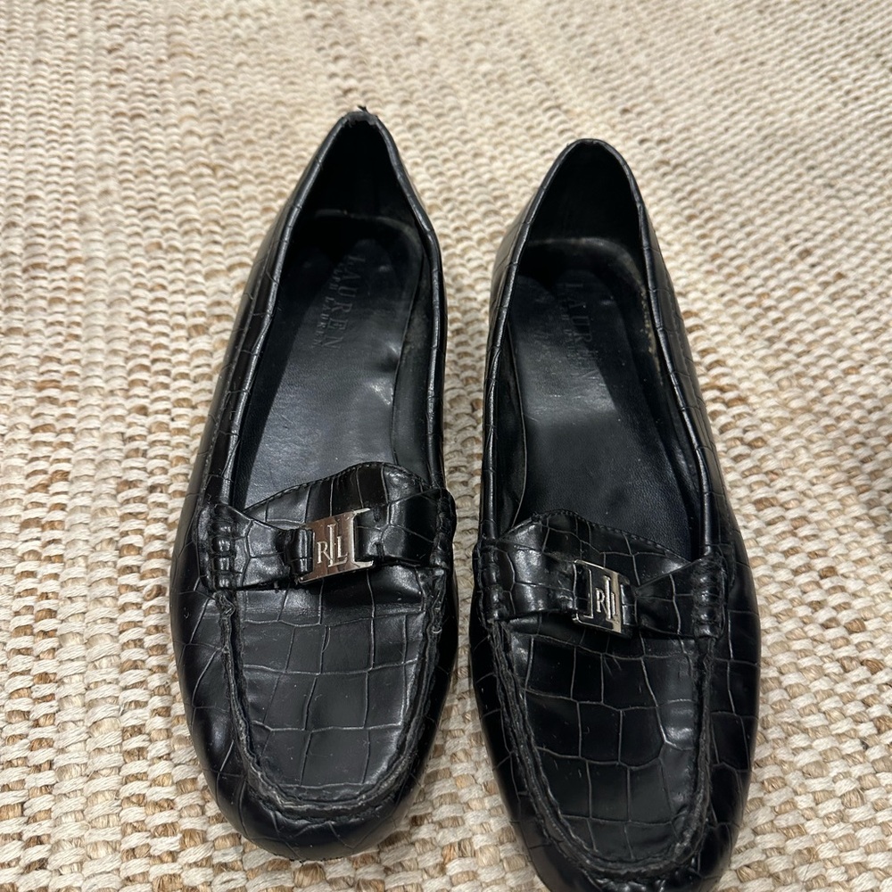 Ralph Lauren Black Croc-Embossed Leather Loafers with RL Hardware
